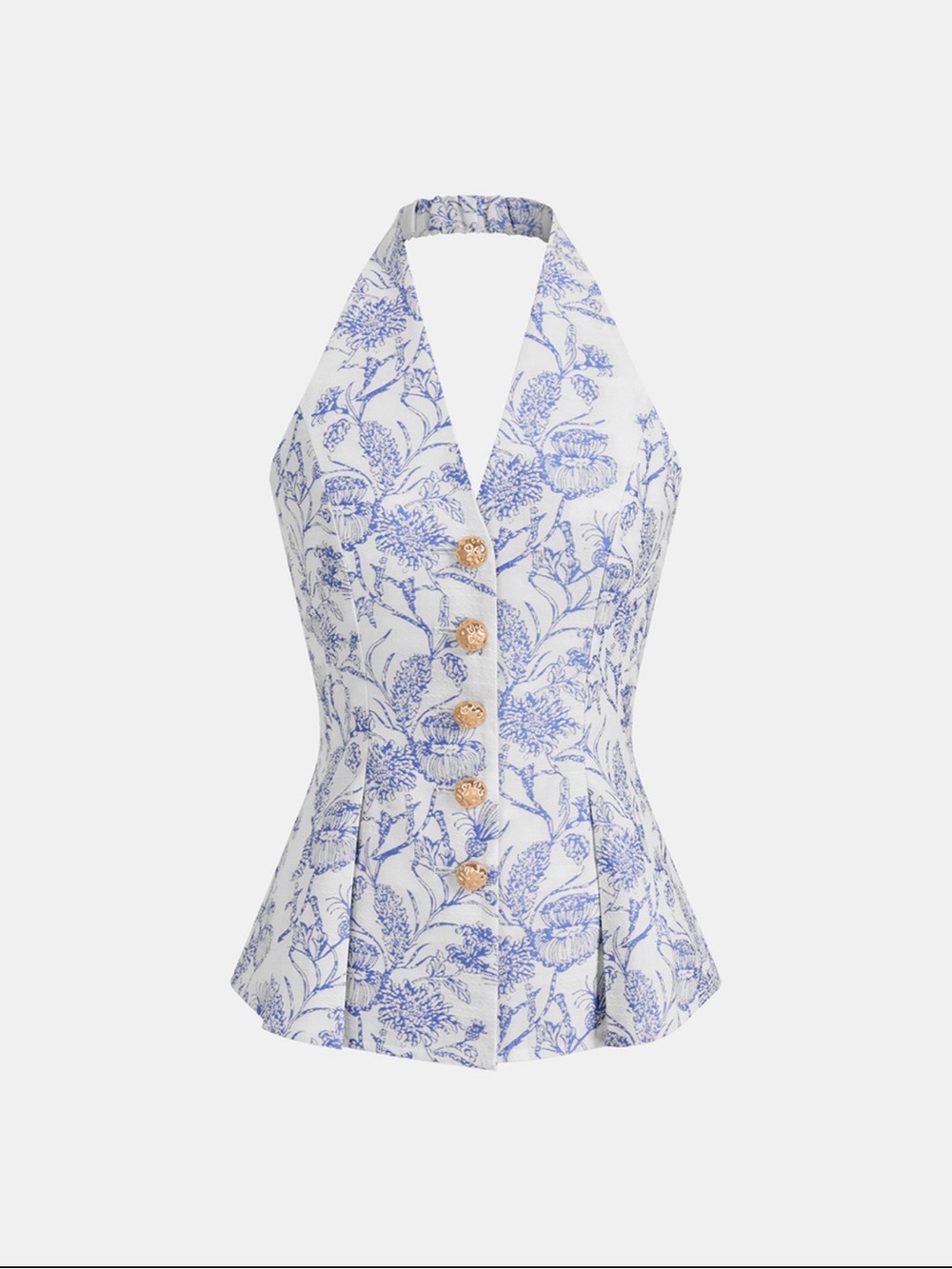 Commense White and Blue Floral Halter Button-Front Top